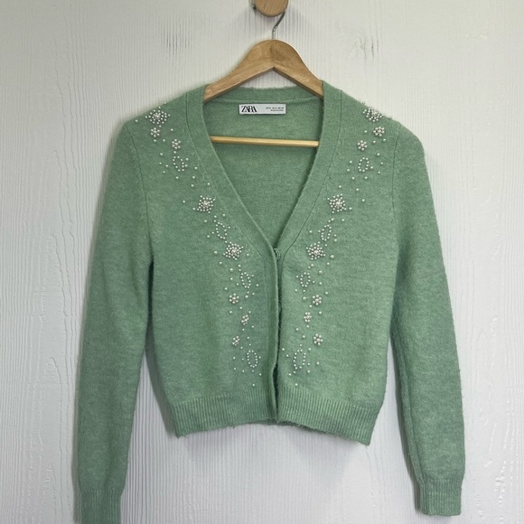 Zara - White Pearl Embellishment Mint Green Button Down Cardigan Size Small - Picture 7 of 10